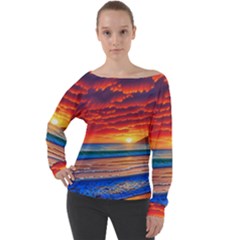 Sunset Over The Ocean Off Shoulder Long Sleeve Velour Top by GardenOfOphir