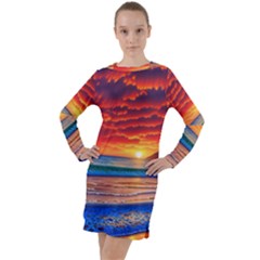 Sunset Over The Ocean Long Sleeve Hoodie Dress by GardenOfOphir