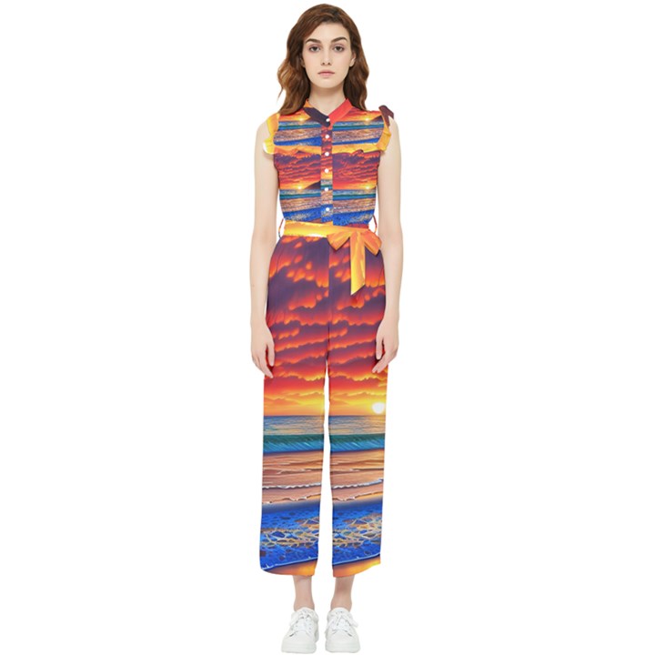 Sunset Over The Ocean Women s Frill Top Chiffon Jumpsuit