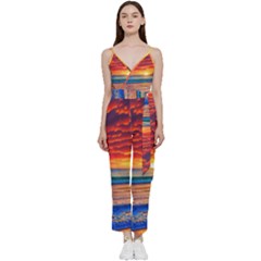 Sunset Over The Ocean V-neck Spaghetti Strap Tie Front Jumpsuit by GardenOfOphir