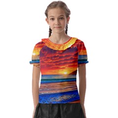 Sunset Over The Ocean Kids  Frill Chiffon Blouse by GardenOfOphir