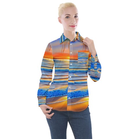 Tropical Sunset Women s Long Sleeve Pocket Shirt by GardenOfOphir