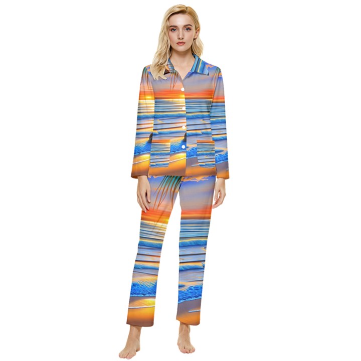 Tropical Sunset Womens  Long Sleeve Velvet Pocket Pajamas Set