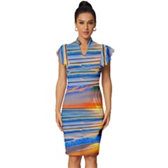 Tropical Sunset Vintage Frill Sleeve V-neck Bodycon Dress by GardenOfOphir