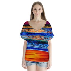 Island Dreams V-neck Flutter Sleeve Top by GardenOfOphir