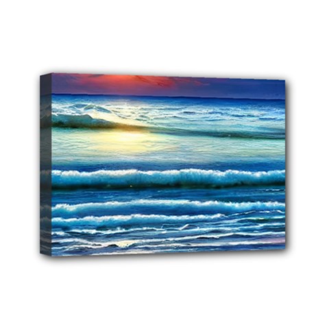 Sunset Beach Waves Mini Canvas 7  X 5  (stretched) by GardenOfOphir