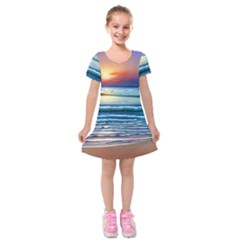 Sunset Beach Waves Kids  Short Sleeve Velvet Dress