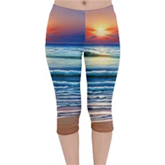 Sunset Beach Waves Velvet Capri Leggings  by GardenOfOphir