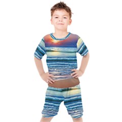 Sunset Beach Waves Kids  Tee And Shorts Set by GardenOfOphir