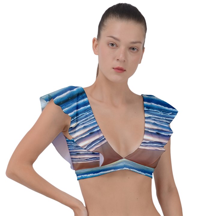 Sunset Beach Waves Plunge Frill Sleeve Bikini Top