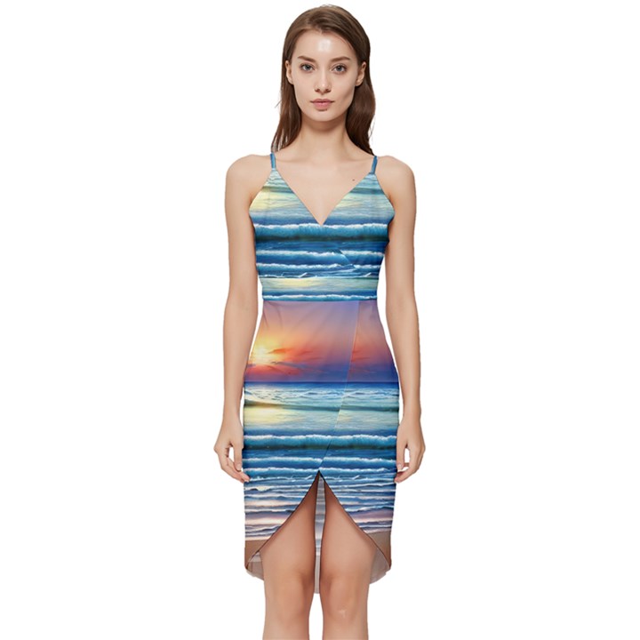 Sunset Beach Waves Wrap Frill Dress