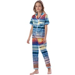 Sunset Beach Waves Kids  Satin Short Sleeve Pajamas Set by GardenOfOphir