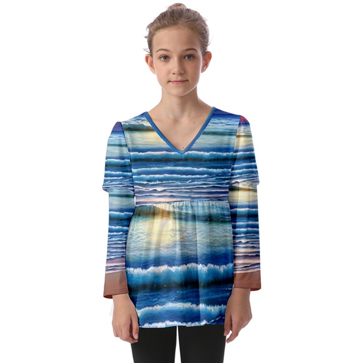 Sunset Beach Waves Kids  V Neck Casual Top