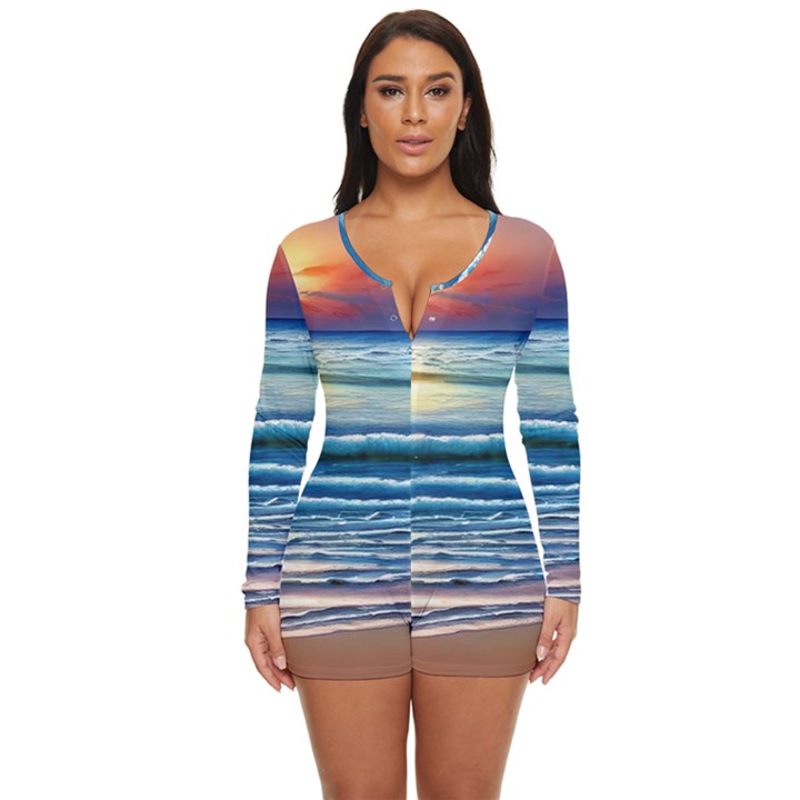 Sunset Beach Waves Long Sleeve Boyleg Swimsuit