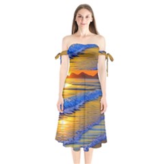 Waves Of Gold Shoulder Tie Bardot Midi Dress by GardenOfOphir