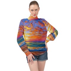 Summer Sunset High Neck Long Sleeve Chiffon Top by GardenOfOphir