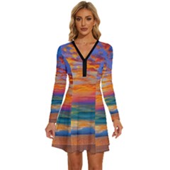 Summer Sunset Long Sleeve Deep V Mini Dress 