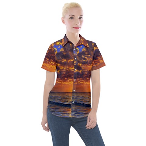 Orange Sunburst Women s Short Sleeve Pocket Shirt by GardenOfOphir