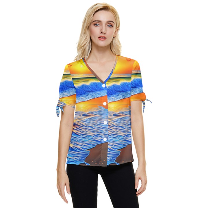 Summer Sunset At The Beach Bow Sleeve Button Up Top