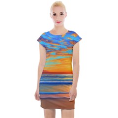 Golden Sunsets Over The Ocean Cap Sleeve Bodycon Dress by GardenOfOphir