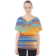 Golden Sunsets Over The Ocean V-neck Dolman Drape Top by GardenOfOphir