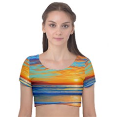 Golden Sunsets Over The Ocean Velvet Short Sleeve Crop Top  by GardenOfOphir