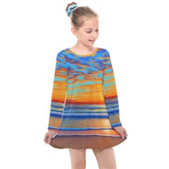 Golden Sunsets Over The Ocean Kids  Long Sleeve Dress by GardenOfOphir