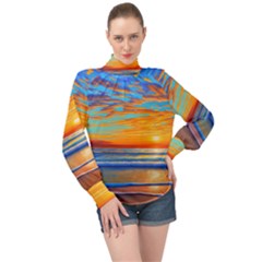 Golden Sunsets Over The Ocean High Neck Long Sleeve Chiffon Top by GardenOfOphir