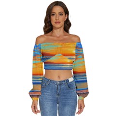 Golden Sunsets Over The Ocean Long Sleeve Crinkled Weave Crop Top by GardenOfOphir