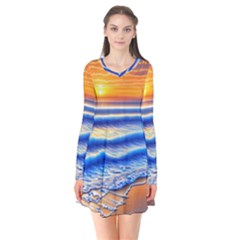 Summer Sunset Surf Long Sleeve V-neck Flare Dress by GardenOfOphir