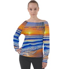 Summer Sunset Surf Off Shoulder Long Sleeve Velour Top by GardenOfOphir