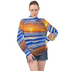 Summer Sunset Surf High Neck Long Sleeve Chiffon Top by GardenOfOphir