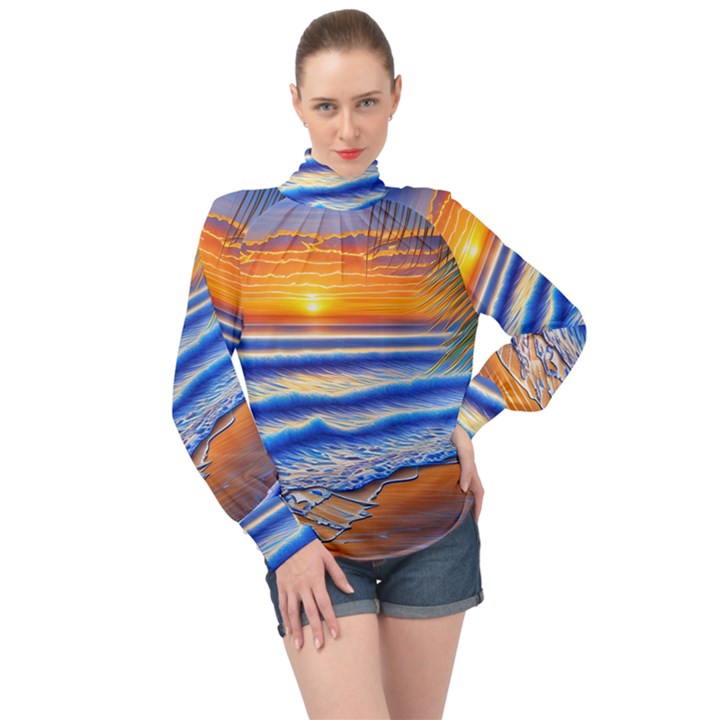 Summer Sunset Surf High Neck Long Sleeve Chiffon Top