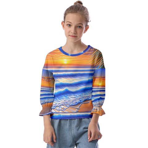 Summer Sunset Surf Kids  Cuff Sleeve Top by GardenOfOphir