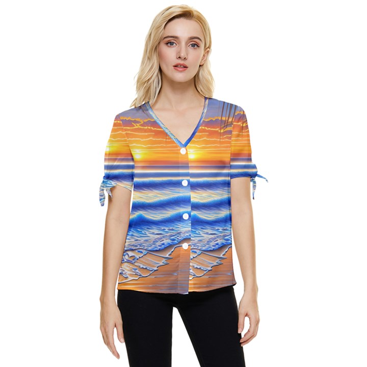 Summer Sunset Surf Bow Sleeve Button Up Top