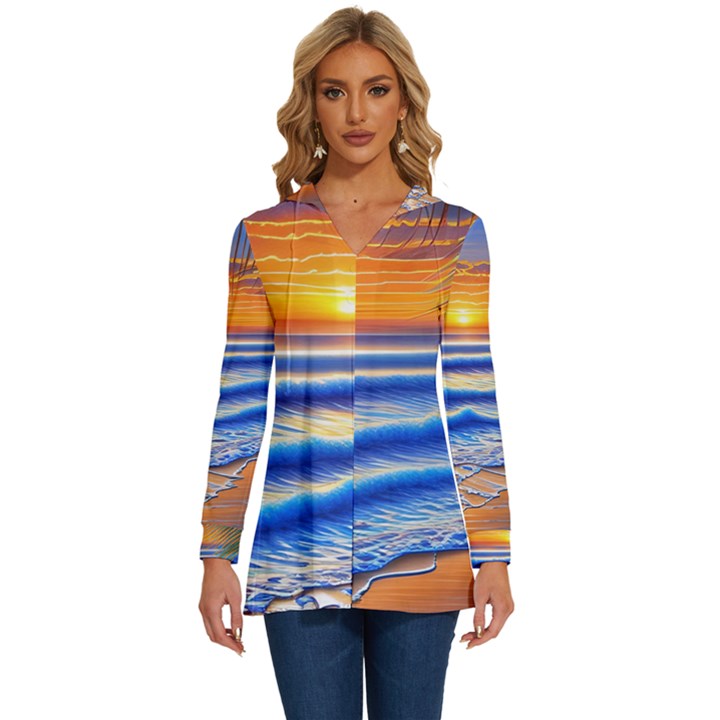 Summer Sunset Surf Long Sleeve Drawstring Hooded Top