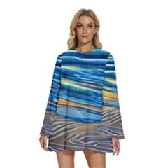 Waves Crashing On The Shore Round Neck Long Sleeve Bohemian Style Chiffon Mini Dress