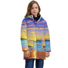 Sunrise At The Beach Kid s Hooded Longline Puffer Jacket by GardenOfOphir