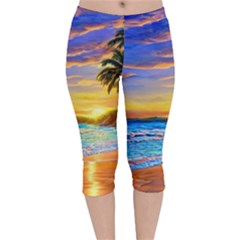 Sunrise At The Beach Velvet Capri Leggings  by GardenOfOphir