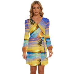 Sunrise At The Beach Long Sleeve Waist Tie Ruffle Velvet Dress