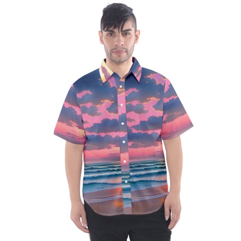 Sunset Over The Beach Men s Short Sleeve Shirt by GardenOfOphir