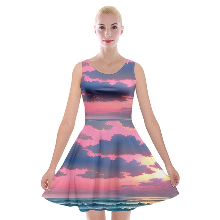 Sunset Over The Beach Velvet Skater Dress