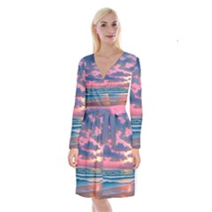 Sunset Over The Beach Long Sleeve Velvet Front Wrap Dress by GardenOfOphir