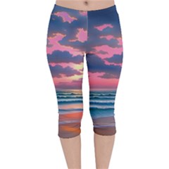 Sunset Over The Beach Velvet Capri Leggings  by GardenOfOphir