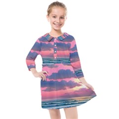 Sunset Over The Beach Kids  Quarter Sleeve Shirt Dress by GardenOfOphir