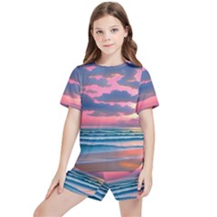 Sunset Over The Beach Kids  Tee And Sports Shorts Set by GardenOfOphir