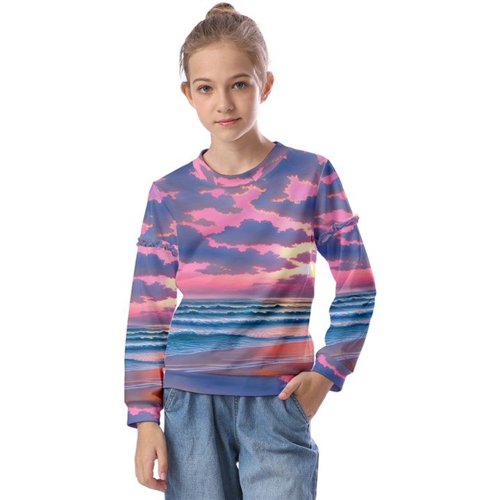 Sunset Over The Beach Kids  Long Sleeve Tee with Frill 