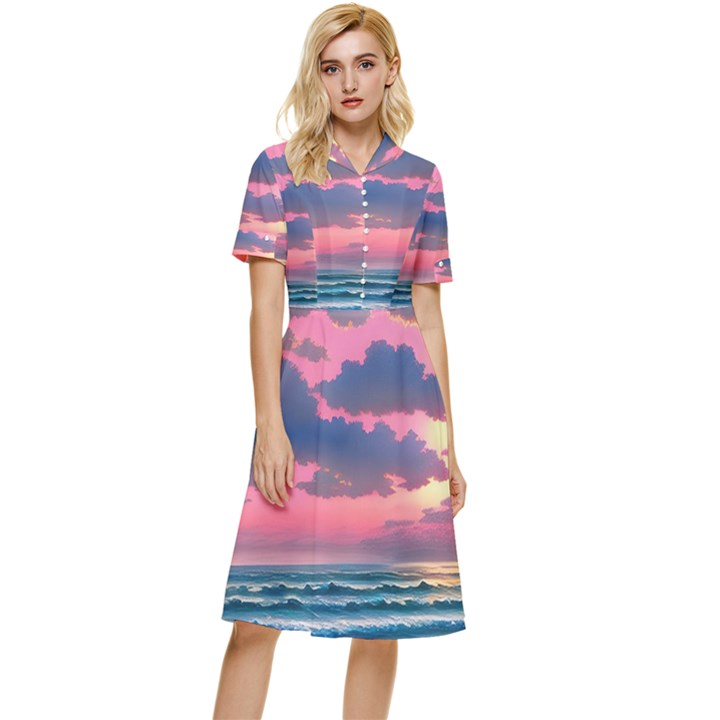 Sunset Over The Beach Button Top Knee Length Dress