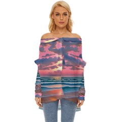 Sunset Over The Beach Off Shoulder Chiffon Pocket Shirt by GardenOfOphir