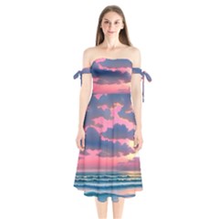 Sunset Over The Beach Shoulder Tie Bardot Midi Dress by GardenOfOphir